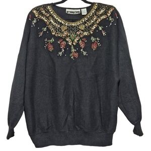 Vintage Dana Scott‎ black sweater beaded sequined holiday embellishment large